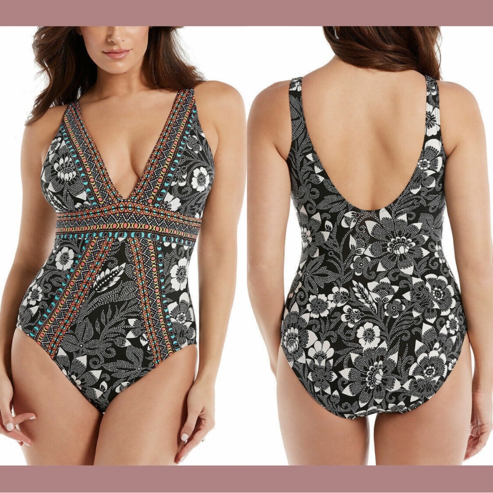 NWT Miraclesuit [‎ 16 US ] Delta Dawn Sojourn One Piece Swimsuit Black White
